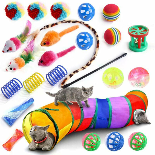 Echoo - Cat Toys, 24 Pieces Cat Toy, Cat Toy Set with Cat Tunnel, Fish, Mouse, Feather, Ball Kitten Games, Interactive Cat Toy