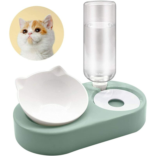 Modou - Raised & Slanted Cat Bowl Anti Vomiting Cat Feeders & Drinkers Automatic Water Dispenser Pet Bowl + 500ML Bottle Macaron Green hjhy