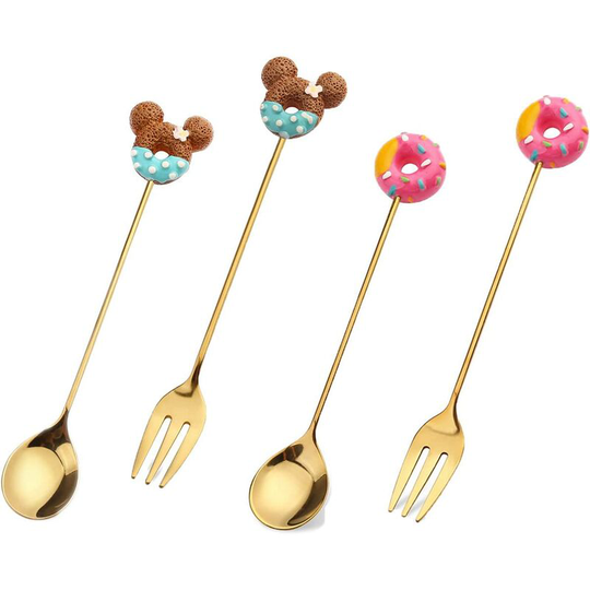 Joorrt - 4 Stainless Steel Fruit Forks Dessert Forks Gold Donuts Mickey Mouse Forks Set Coffee Spoon Fruit Fork for Birthday Party, Home, Restaurant,