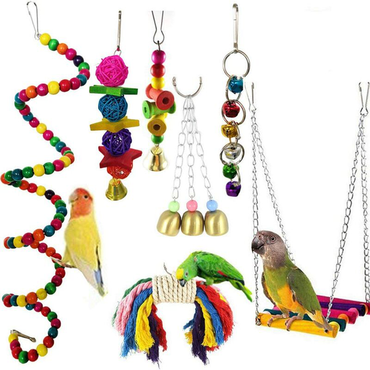Parrot Hanging Toys, 7 Pcs Parrot Bird Toys Hanging Bird Bell Toy Bird Swing Hanging Toy Bird Cage Toys for Small Parrots, Macaws, Parakeets