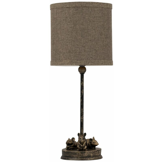 Bronze Table Lamp with Mouse Detail and Dark Grey Shade - Bronze and dark grey faux linen with gold lining