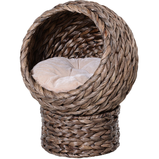 Elevated Kitten Hooded Rattan Cat House Basket Cushion, 42x33x52cm Grey - Grey - Pawhut
