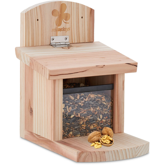 Squirrel Feeder, FSC-Certified Wood, Folding Roof, Ventilation Holes, Feeding Station for Hanging, Nature - Relaxdays