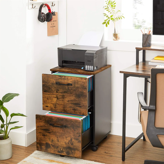 File Cabinet With 2 Drawers, Rolling Office Filing Cabinet With Wheels, For A4, Letter Sized Documents, Hanging File Folders, Industrial Style, Rustic