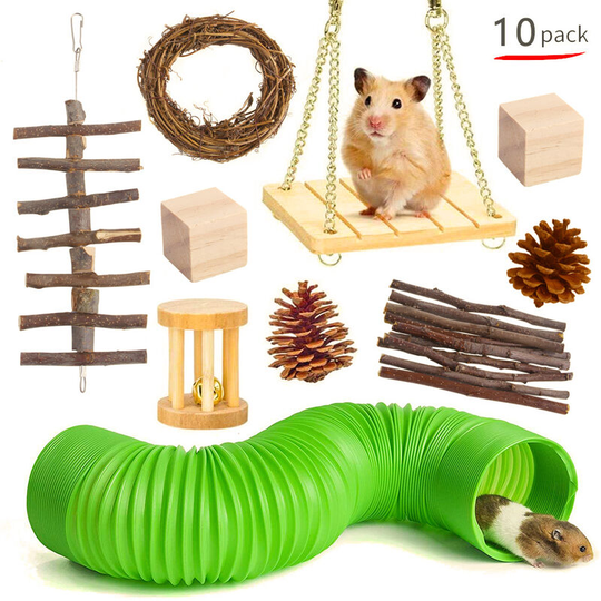 10 Pcs Hamster Toys, Natural Wood Rodent Toys Indoor Toys for Hamster/Squirrel/Chinchilla Small Animals