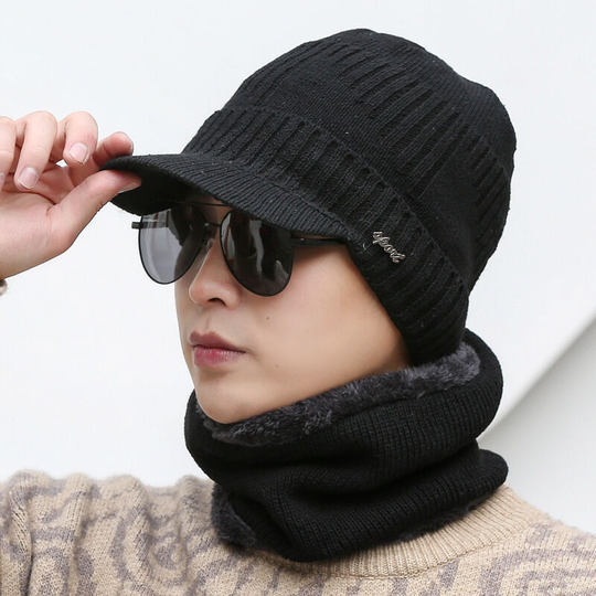 Winter Knit Visor Beanie Hat & Scarf Sets Fleece Mask Neck Warmer Snood Newsboy Hat