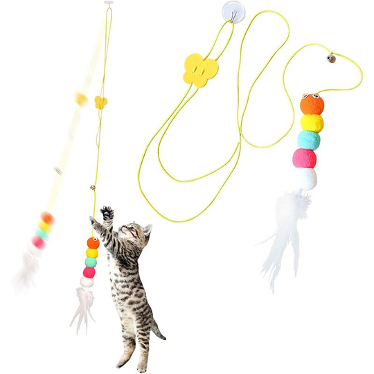 2 pcs Interactive Hanging Cat Toy, Cat Toy, Wall Hanging Cat Toy with Hooks with Elastic Strap, Cat Teaser with Suction Cup Hairy Tail Worm