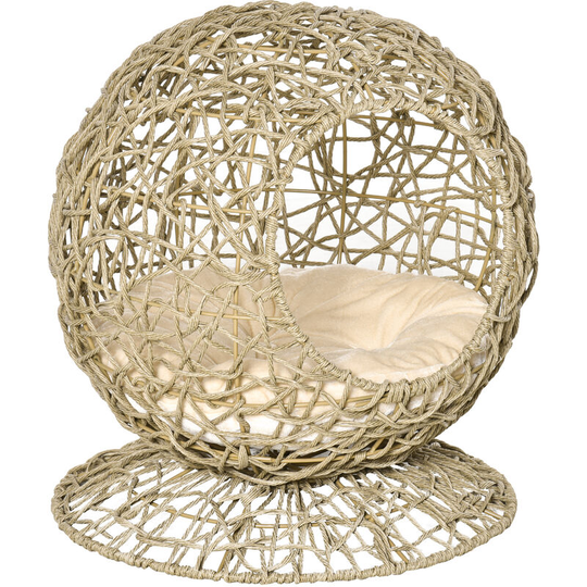 Wicker Cat Bed Elevated Rattan Kitten Basket Cozy Cave w/ Soft Cushion - Brown - Pawhut
