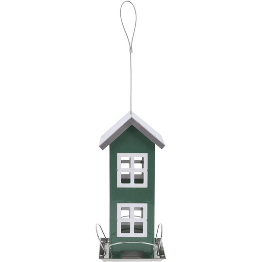 (Green) idooka Wild Bird Feeder House Shaped contemporary metal design with contrasting roof dispenses seeds, peanuts complete with tree hanging l