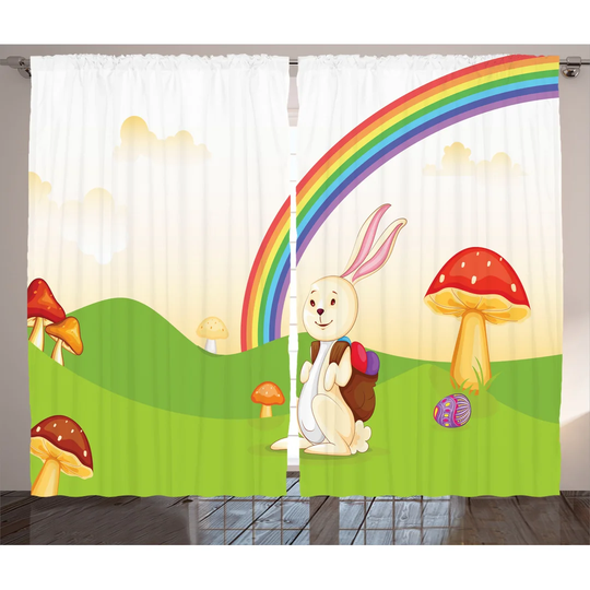 Bunny with Easter Egg Under Rainbow Happy Rabbit in Nature Theme Fun Design Room Darkening Curtains