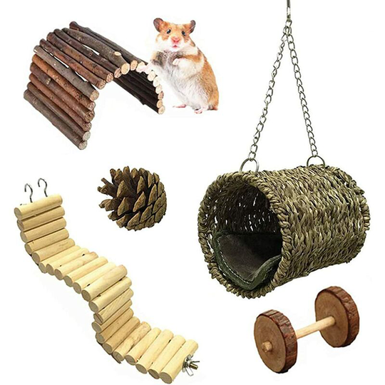 Perle Rare - Hamster Chew Toys, Set of 5 Toys for Parrots or Hamster, Bridge Ladders, Wooden Fence, Bridge, Natural Pineal, Dumbbell, Perched Hammock