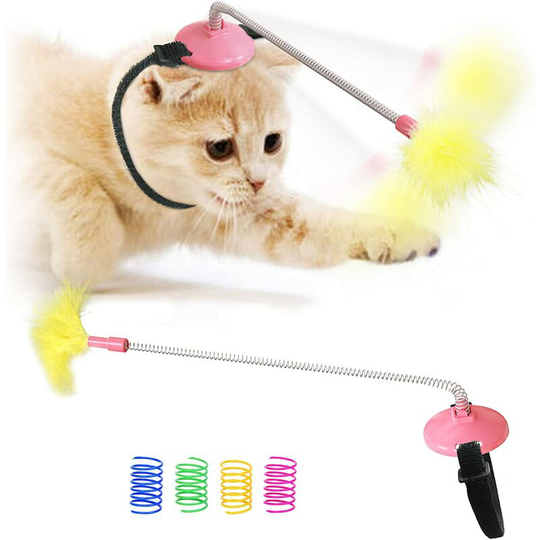 Cat Spring Toy Head-Mounted Cat Training Toy for Maintaining Good Health Cat Feather Toy for Biting and Chasing Kitten Toys (Pink)