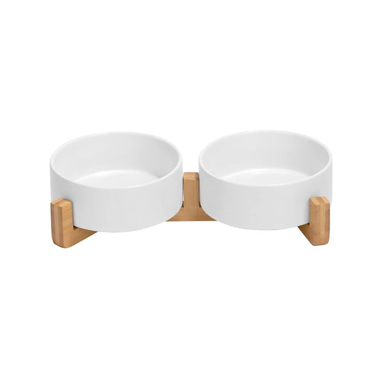 Ceramic Dog Bowl Double Dog Feeding Bowl with Bamboo Stand for Cats and Dogs (400ml, White)