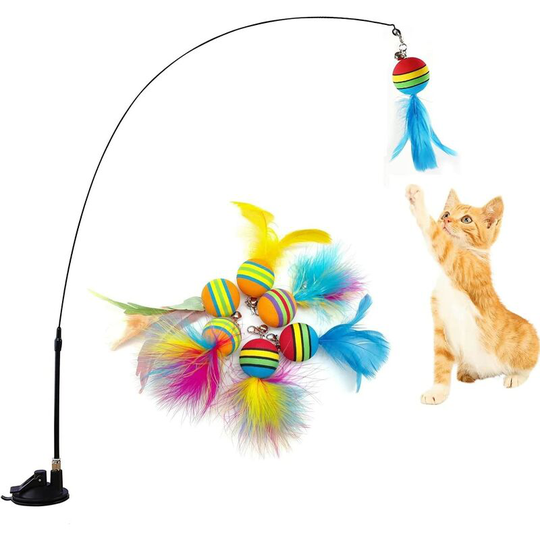 Set of 7 Bells Interactive Cat Toy with Feathers - with Removable Suction Cup - with Natural Feather Head