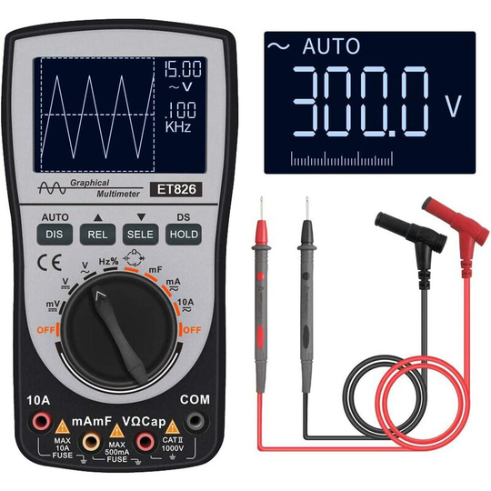 2-in-1 Smart Digital Oscilloscope Multimeter dc/ac Current Voltage Resistance Frequency Diode Tester 4000 Count 200KHz Analog Bandwidth 200Ksps Rate