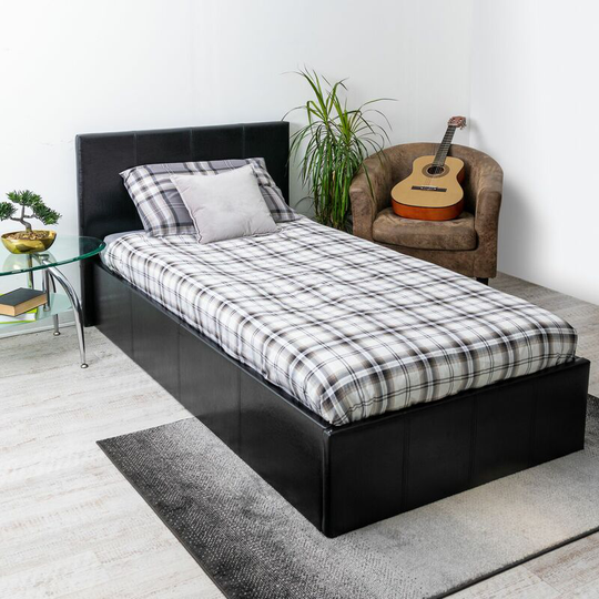 Home Treats - Black Leather Small Double Ottoman Bed Frame With Headboard For Adults & Children