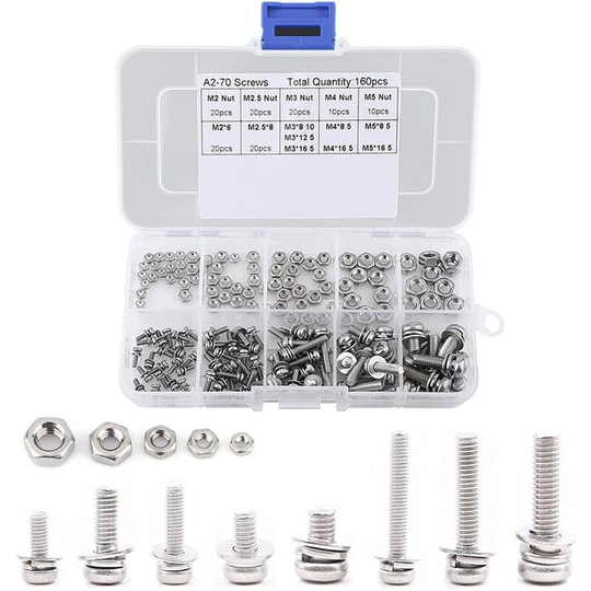 Monly - 160pcs M2 M2.5 M3 M4 M5 304 Stainless Steel M2 M2.5 M3 M4 M5 Screw Nut Washer Phillips Head Round Button Head With Storage Box