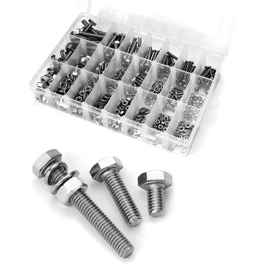 M3~M6 Stainless Steel Bolt Assortment, 520 Hex Head Bolts with Nuts and Washers in Storage Box