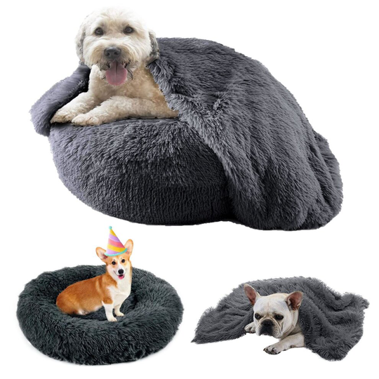 (Dark Grey, XL) Pet Dog Cat Calming Bed Cosy Warm Nest Puppy Mattress Fur Donut Pad Blanket Set