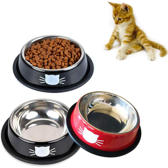Stainless Steel Non-Slip Cat Bowl,Color Multi-purpose Cat Food Bowl Pet Water Bowl Cat Feeding Bowl, Set of 3 Metal Cat Bowls ( Black*2/red)