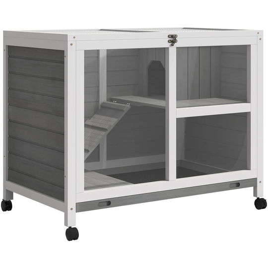 Pawhut - Wood Rabbit Hutch Bunny Cage Pet House Indoor w/ Tray Ramp, Grey - Grey