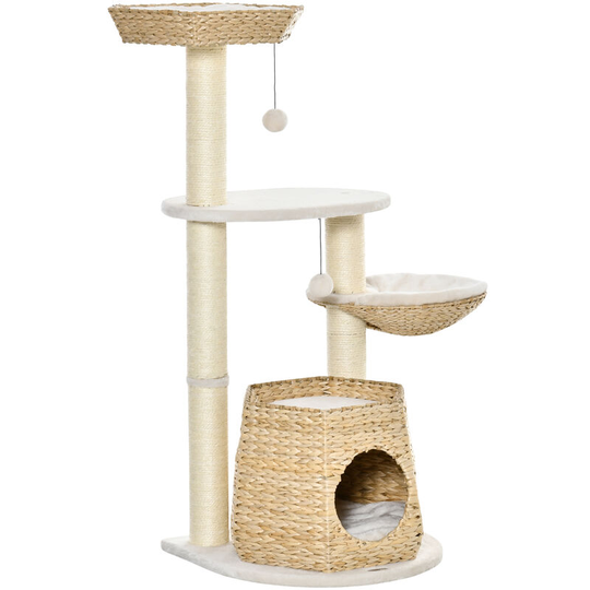 Cat Tree Activity Center with Cattail Fluff Bed Condo Sisal Post Ball - Natural wood finish - Pawhut