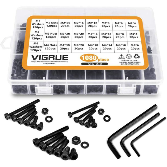 Litzee - M2 M3 M4 Fall Flat Carbon Steel Button Screws Set Screws Nuts & Washers Assortment Kit with Storage Box