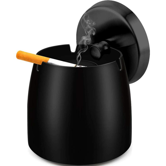 Stainless steel ashtray with lid, non-slip table ashtray, storm storm ashtray (large, black)