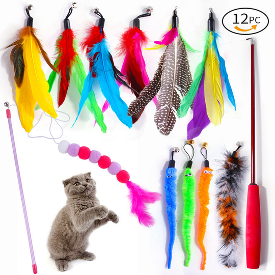 Feather Toy for Cats, Retractable Fishing Rod Toy with 11 Refills, Interacti for Indoor Cats and Kittens
