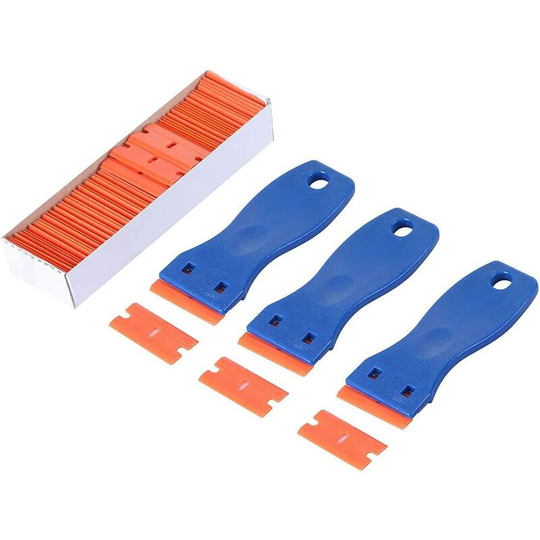 Set of 3 plastic razor blades and 100 3.8 cm duplicate plastic razor blades for car windows, vinyl tool, glass scraper and paint scraper
