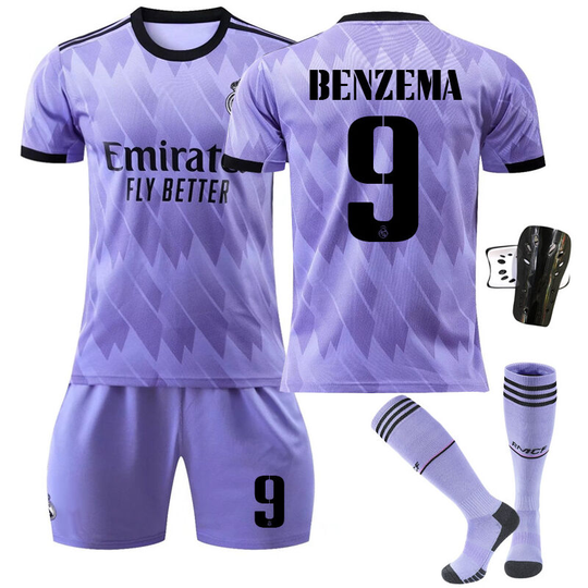 Real Madrid Stadium Away Purple Soccer Suit No. 9 with socks+protective gear, children's size 22