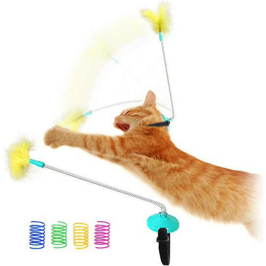 1 Piece Cat Spring Toy, Head-Mounted Cat Training Toy for Maintaining Good Health, Cat Feather Toy for Biting and Chasing, Kitten Toys (Blue)