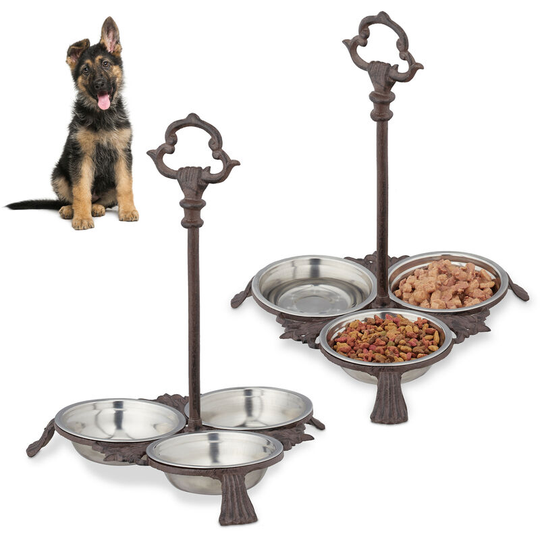 Cast Iron Feeding Station for Cats & Dogs, Set of 2, 3 Stainless Steel Bowls Each, Handle, Outdoor, Dark Brown - Relaxdays