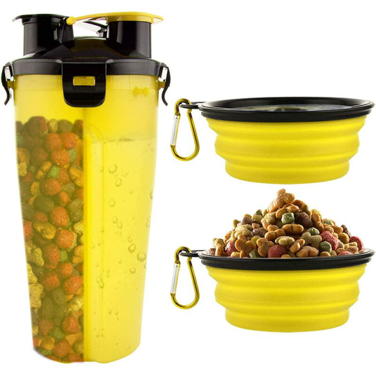 Dog water bottle with 2 collapsible portable bowls 2 in 1 water bottle and dog food cat animals, travel bottle for walking, sports, hiking, camping