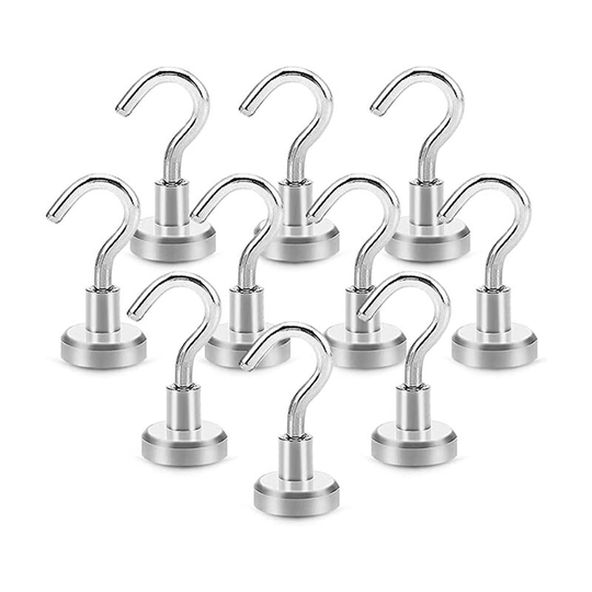 Strong Magnetic Hook Magnet (10 Pack), Strong Magnetic Hook (Max Pull Force 8kg) for Kitchen Office Locker Fridge Magnet (Silver)