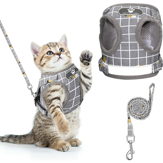 Heguyey - Anti-Escape Cat Harness, Adjustable Puppy Harness, Kitten Harness with Leash, Dog Harness with Striped Vest, Breathable Mesh Harness for