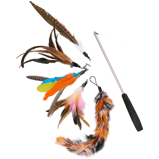 Cat Pet Feather Wand Cat Interactive Retractable Feather Toys Teaser with Bell 5 pcs Feather Replacement