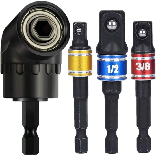 Aougo - 3pcs 1/4' 3/8' 1/2' Cr-V Hex Socket Adapter Socket Wrench Nut Set + 1pcs 105° Corner Bracket Angle Wrench 1/4 Fastener Adapter 'hex handle