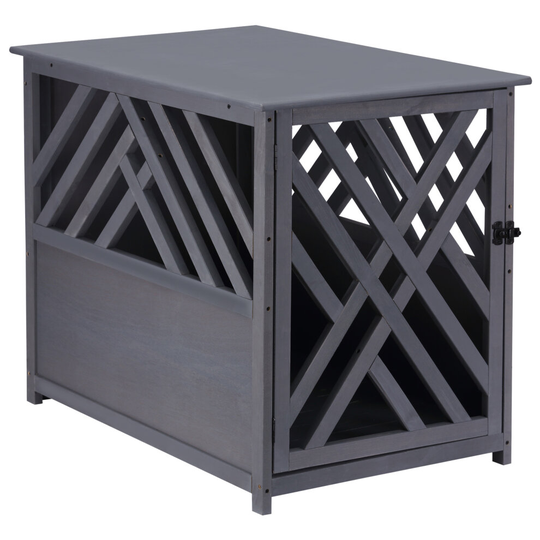 PawHut Two-In-One Wooden Dog Cage, Side Table w/ Lockable Door - Grey