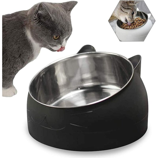 Cat Food Bowl, Pet Food Bowl, Tilted Stainless Steel Cat Bowl, Non-Slip Cat Bowl, 400Ml (Black)