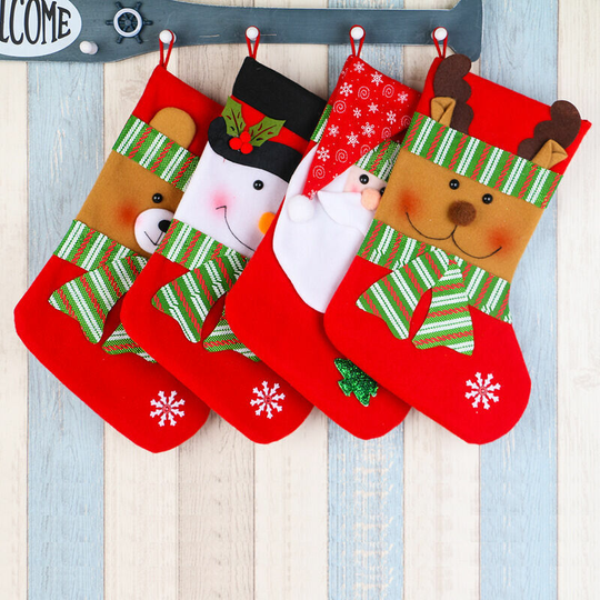 Set of 4 Christmas Stockings, 15' with Snowman, Santa, Reindeer, Bear, Gift Set and Treat Bag for Favors and Decor Ornaments.