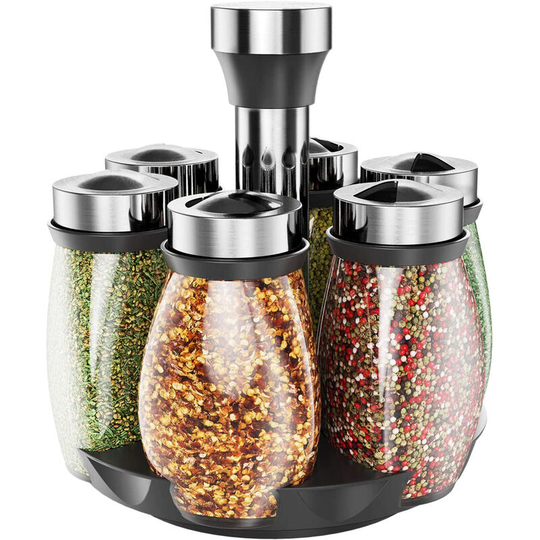 Devenirriche - Spice jars spice rack, 360 ° round spice carousel rotatable set, spice stand transparent portable, made of stainless steel with 6