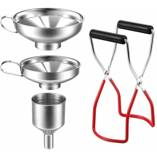 Perle Rare - Jam Funnel, Package Contains Jar Tongs/3 Stainless Steel Funnels/Filter, Stainless Steel Funnel for Liquid or Jam and Jar Lifting Tongs