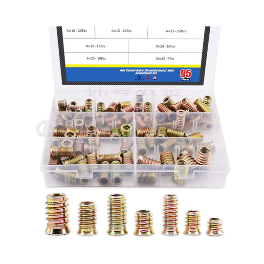 95Pcs Zinc Alloy Hex Flanged Screw-in Nut Hex Socket Drive Threaded Insert Nuts Assortment Set for Wood Furniture