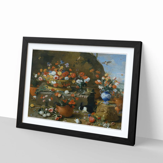 'Still Life Flowers, Birds and Rabbit' by Jan van Kessel Framed Painting Print