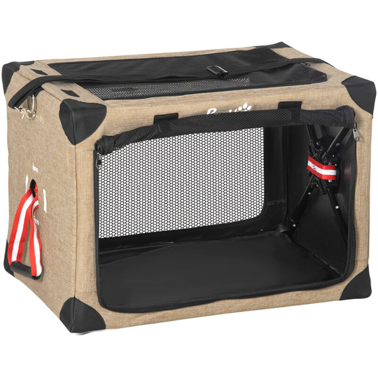 Collapsible Dog Crate Foldable Pet Carrier for Cats Small Dog 65x45x45cm - Khaki - Pawhut