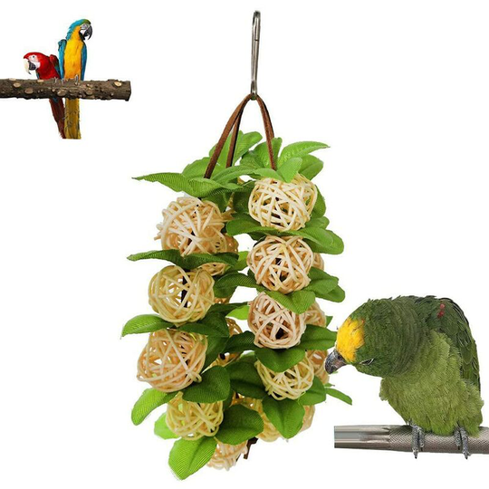 Pet Bird Parrot Rattan Balls Chewing Interactive Toys Bite Chew Hanging Cage Swing Budgie Climb Bungee Training Cockatiel Hammock Parakeet (White)