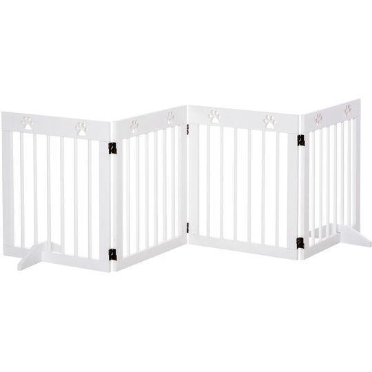 Pet Gate 4 Panel Wooden Dog Barrier Folding Fence w/ Support Feet - White - Pawhut