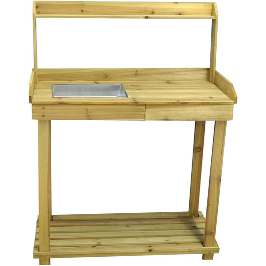 Wooden Potting Table with Drawer, Storage Shelves & Zinc Soil Pan