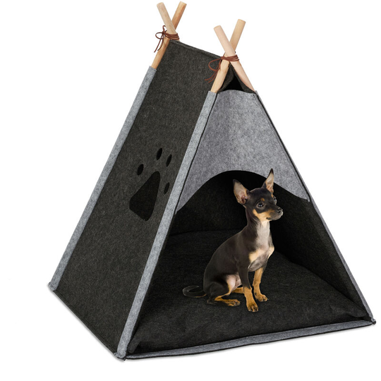 Dog Tent, Large Teepee Retreat for Cats, Felt & Wood, Cushion, 70.5x59.5x59cm, Dark Grey - Relaxdays
